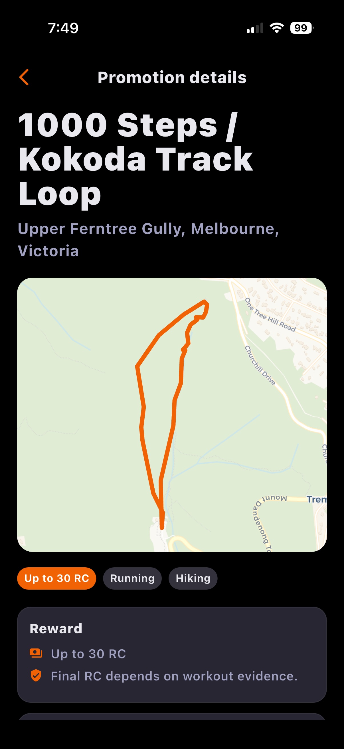 Run and Gets exercise area promotion showing the Kokoda Track Loop route, eligible activities, and bonus Runcoins