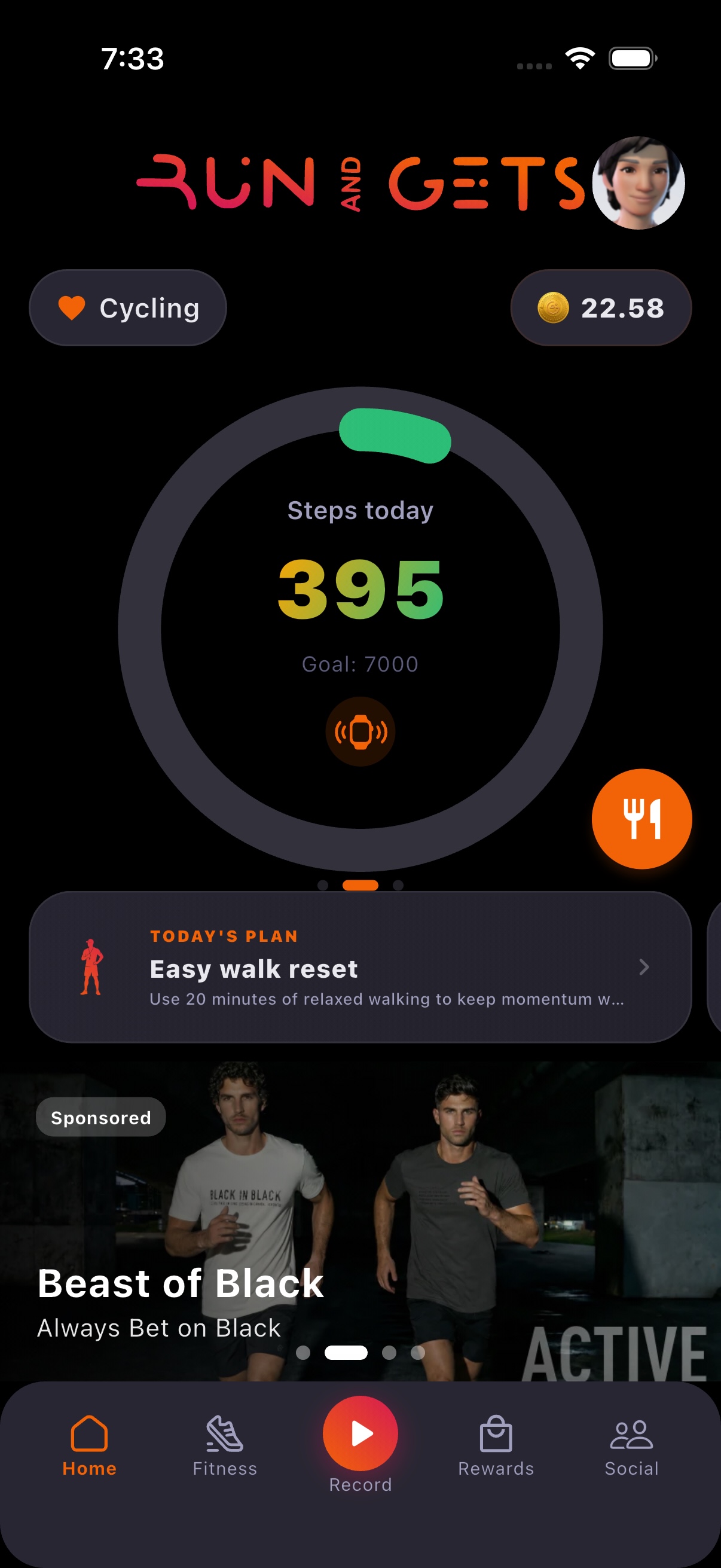 Run and Gets home screen showing daily movement progress, Runcoins and quick actions
