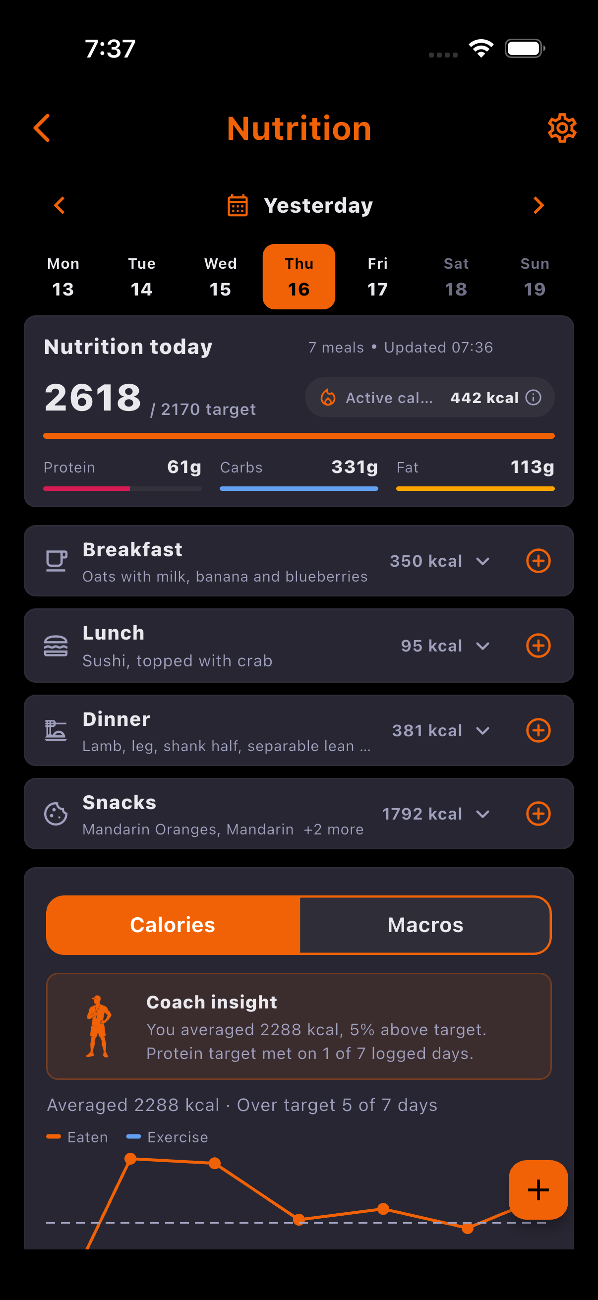 Run and Gets Nutrition screen showing daily calories, macros, meals, and a Coach insight
