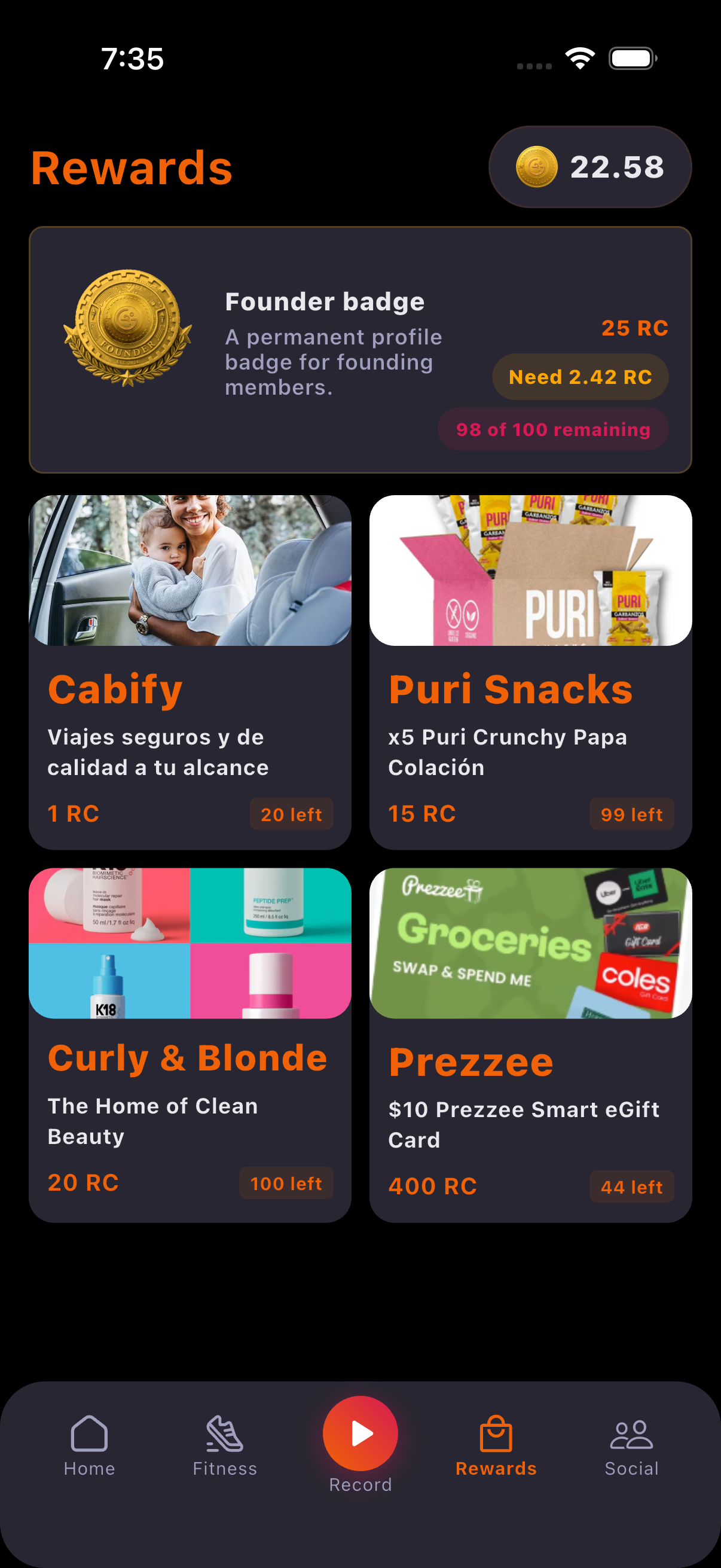 Run and Gets rewards screen showing a Runcoins balance, active boost and reward offers