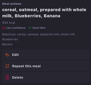 Meal actions menu with Edit, Repeat this meal and Delete options