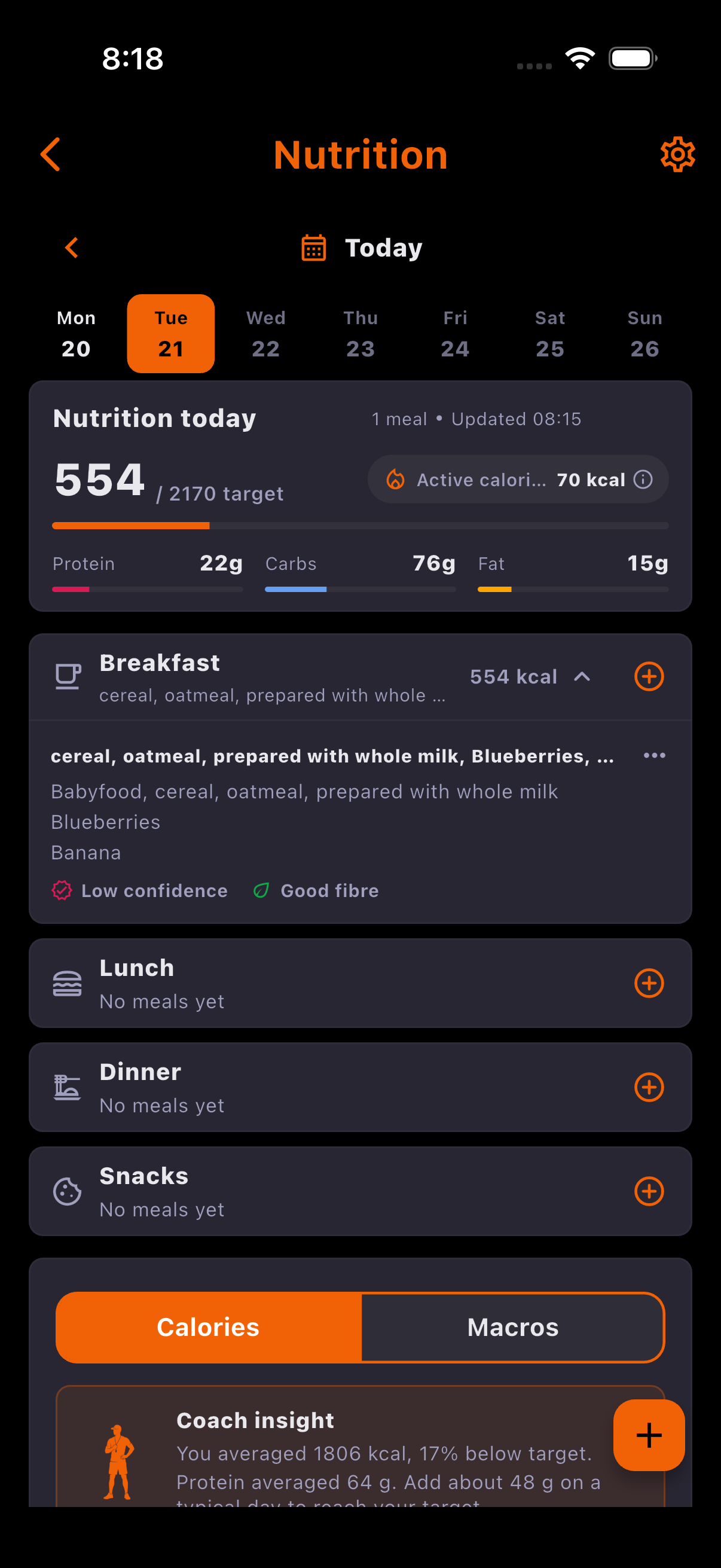 Nutrition screen showing an estimated breakfast with calories, detected foods and a low-confidence label